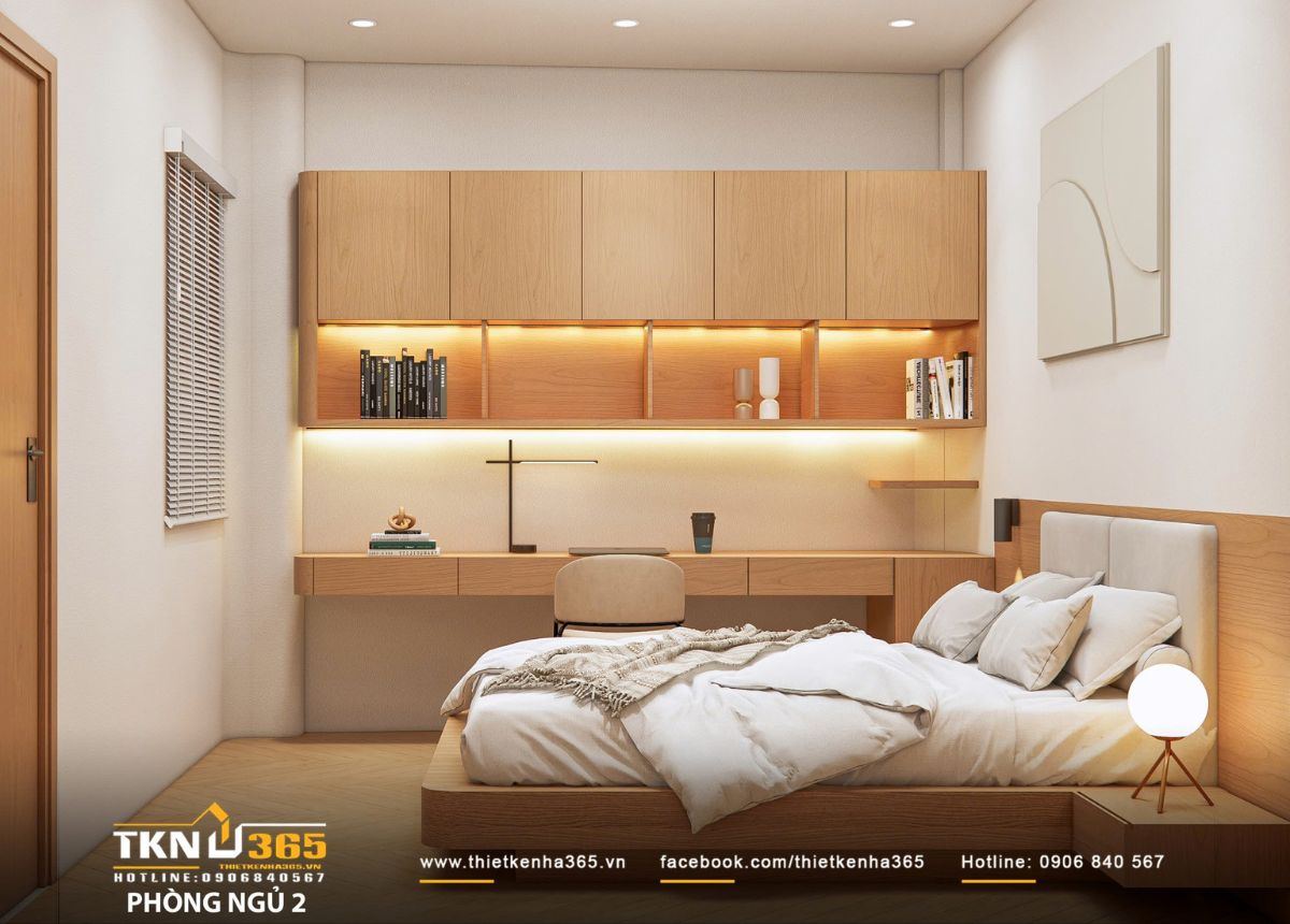 Bàn làm việc liền kệ treo có đèn hắt nhẹ tiện dụng, đồng thời tạo điểm sáng cho không gian