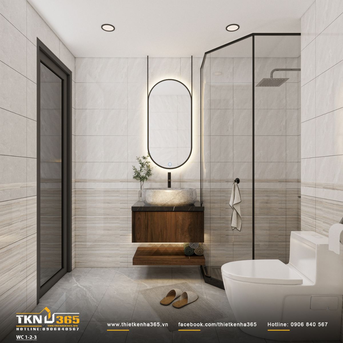 Góc bồn rửa bằng đá tự nhiên kết hợp tủ gỗ treo tường, gương oval tích hợp đèn LED tạo điểm nhấn thanh lịch cho phòng tắm