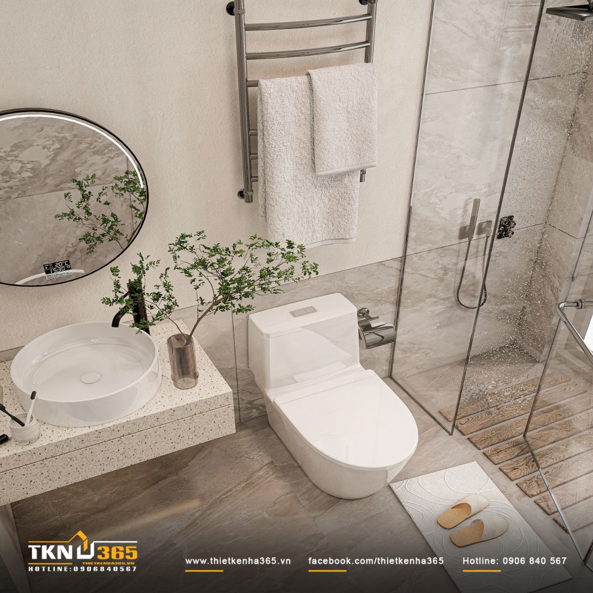 Vách tắm kính trong suốt với sàn gạch giả gỗ và hệ thoát nước ẩn, tăng an toàn và tạo cảm giác ấm hơn khi sử dụng