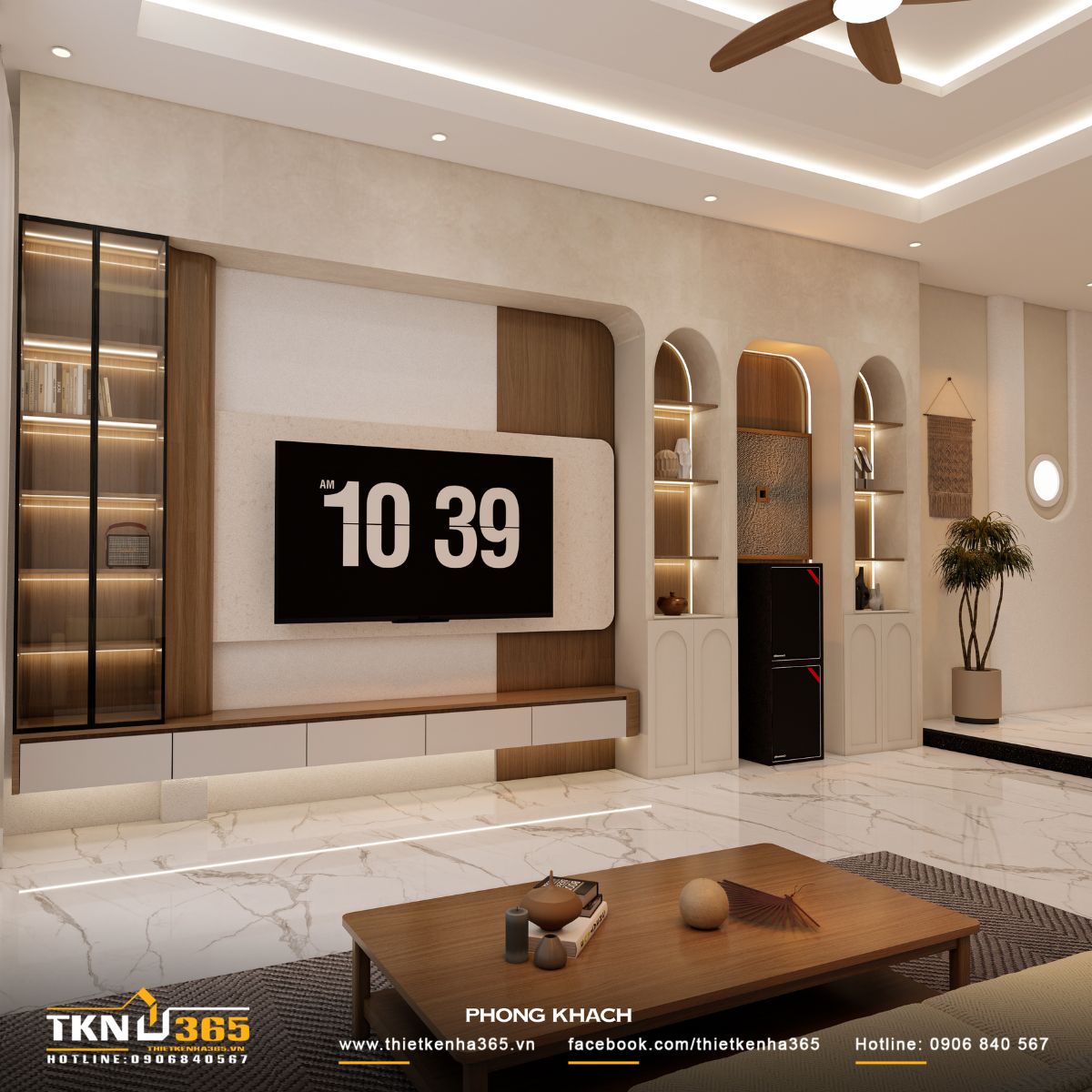 Đèn hắt trần và chi tiết vòm cong giúp không gian thêm mềm mại và có chiều sâu