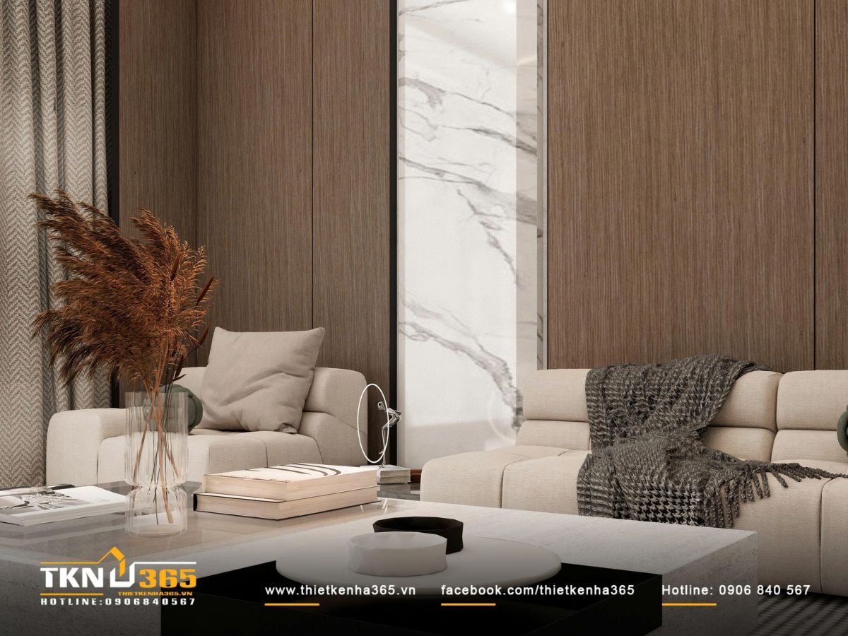 Sofa và bàn trà với chất liệu vải - đá phối hợp hài hòa, tạo nên một không gian thư thái và tinh tế