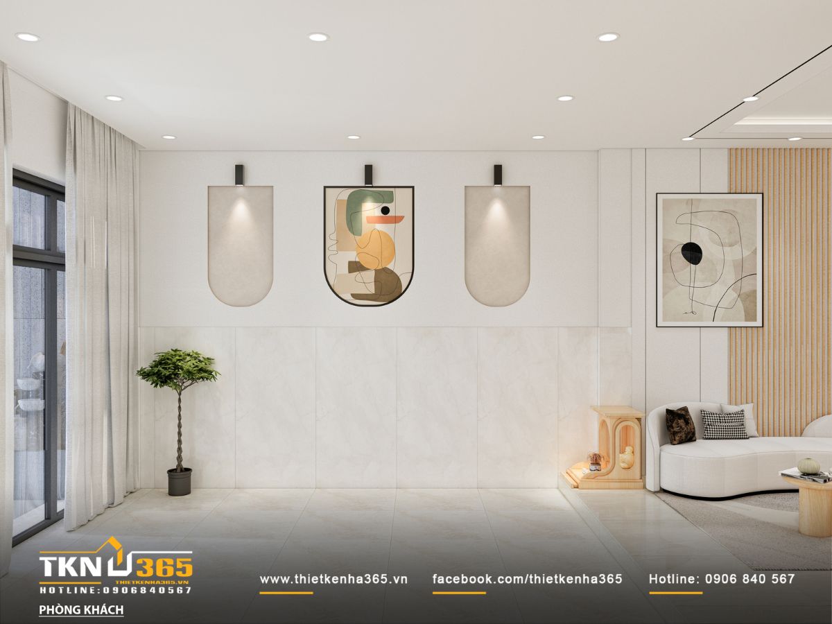 Các hốc tường bán nguyệt gắn đèn rọi nhẹ giúp bề mặt tường có chiều sâu và tạo nhịp điệu thị giác mềm mại