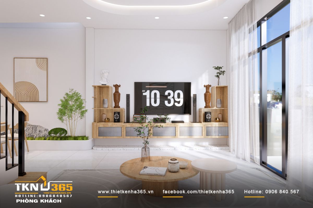 Kệ tivi gỗ sáng màu bố trí cân đối, kết hợp cánh kính sọc mờ giúp không gian gọn gàng và tinh tế