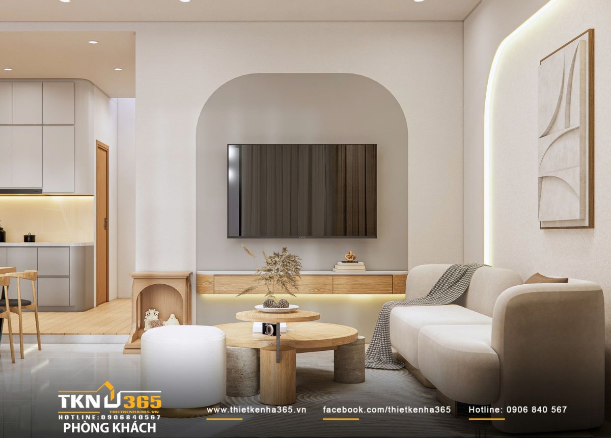 Phòng khách tối giản với mảng tường cong và ánh sáng viền dịu nhẹ