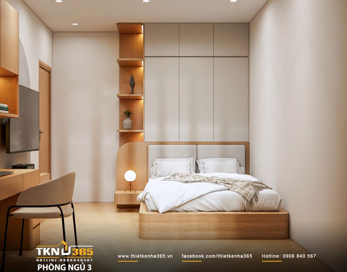 Kệ mở đầu giường tạo điểm nhấn ánh sáng hắt ấm áp để trưng bày đồ decor tinh tế