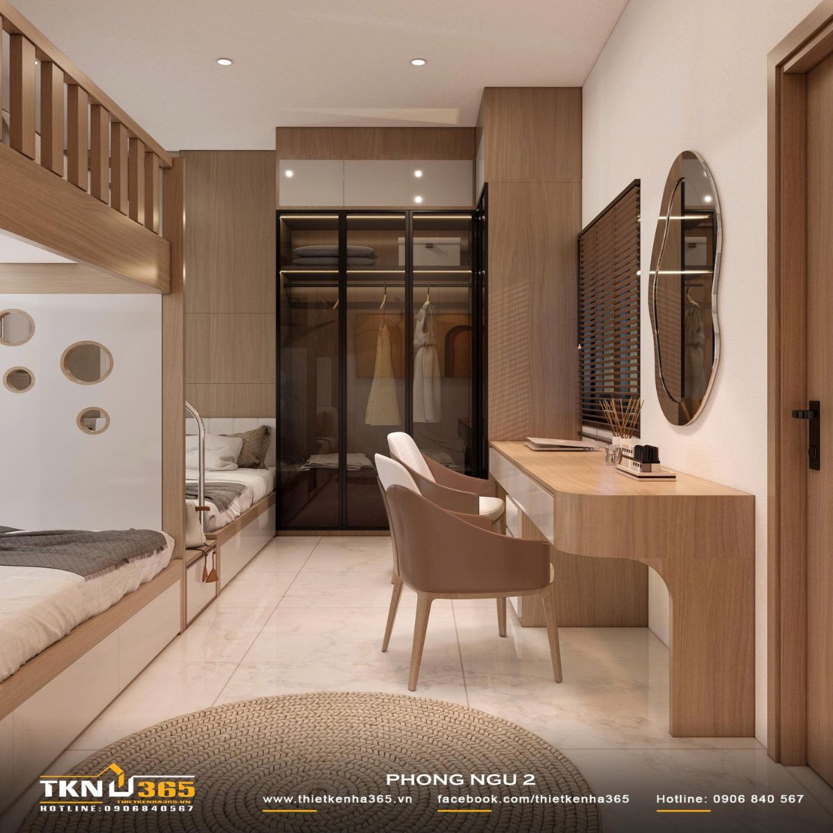 Gam màu be sáng kết hợp gỗ ấm tạo bầu không khí dễ chịu