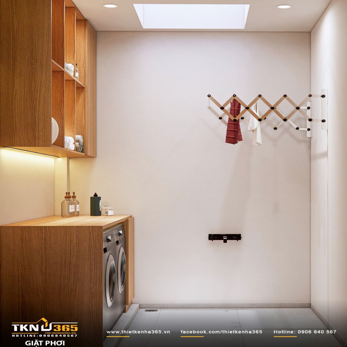 Giếng trời lấy sáng tự nhiên giúp không gian giặt phơi luôn thông thoáng và khô ráo