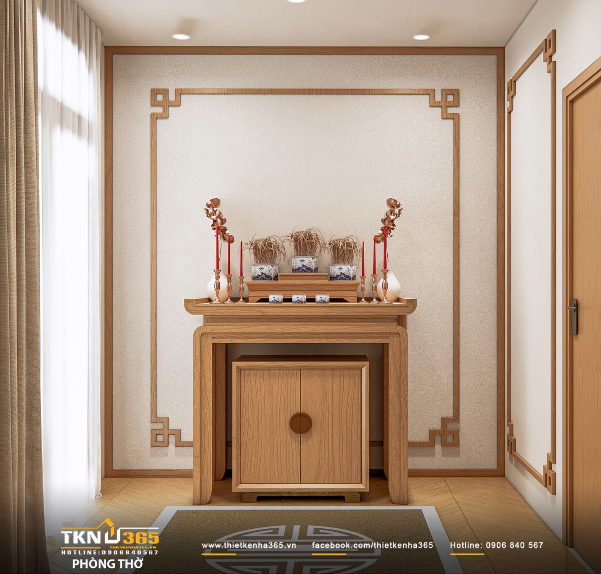 Phòng thờ sử dụng gỗ tự nhiên mộc mạc, kết hợp đường diềm vuông giữ nét truyền thống