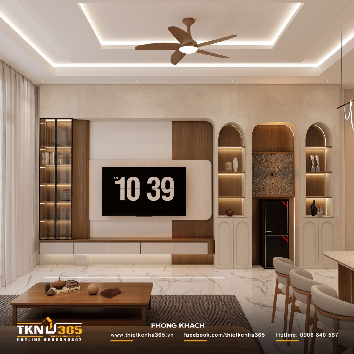 Hệ kệ tivi kết hợp tủ trưng bày bo cong nhẹ, tích hợp đèn LED âm, tối ưu lưu trữ và làm điểm nhấn thị giác cho không gian chung