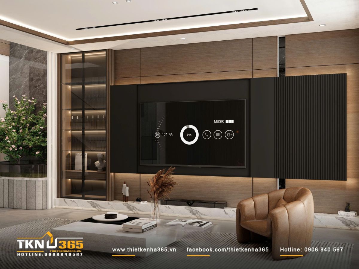 Hệ tủ trưng bày cao kịch trần với đèn LED hắt, mang đến không gian lưu trữ rộng thoáng và tạo chiều sâu thị giác