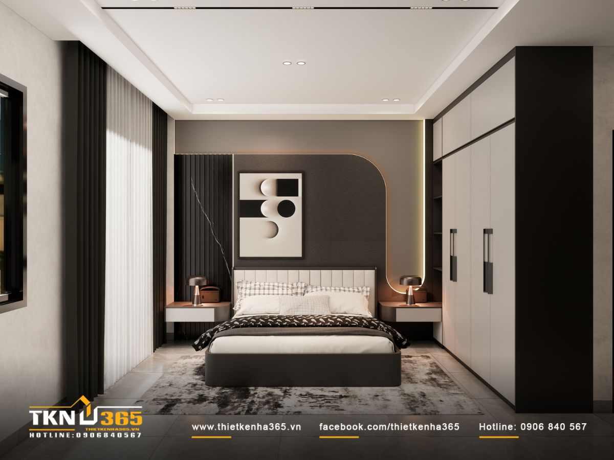 Bức tường đầu giường phối hợp vách gỗ và đường cong mềm mại, tranh họa tiết hình học giữ sự nhịp nhàng cho bảng màu trung tính