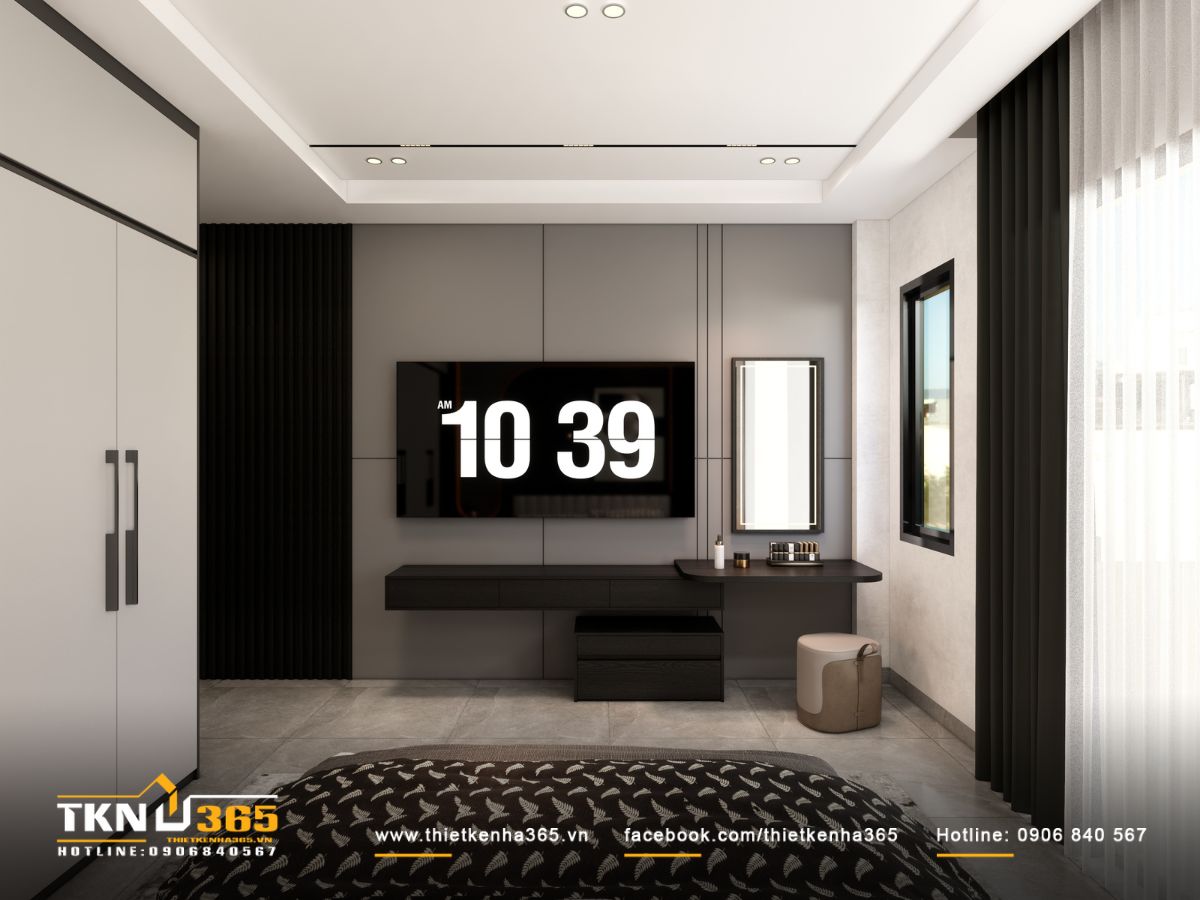 Bàn trang điểm và bàn làm việc gom về một phía tạo lối đi thông thoáng, rèm hai lớp giúp điều chỉnh ánh sáng linh hoạt