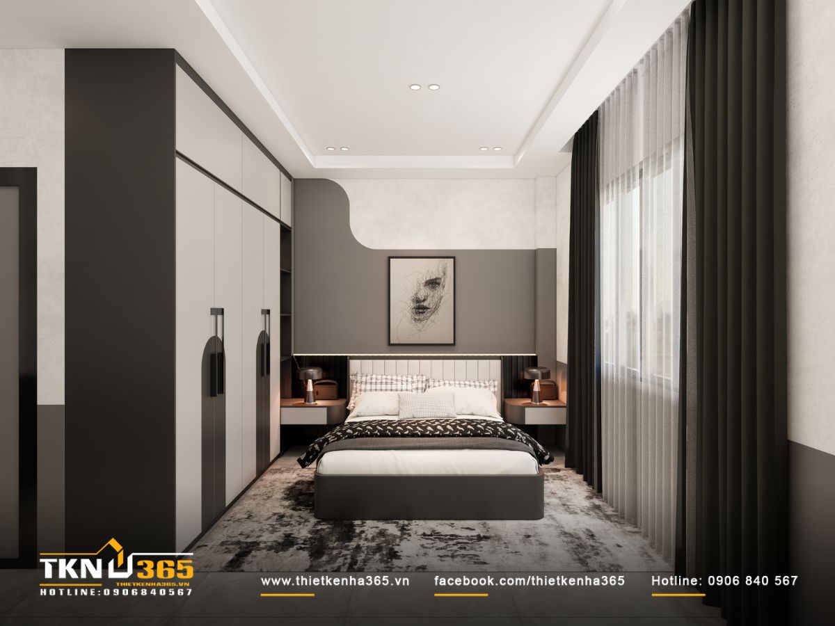 Bức tường đầu giường mềm mại nhờ đường cong bo tròn, tranh đơn sắc tạo điểm nhấn nhẹ cho không gian trung tính