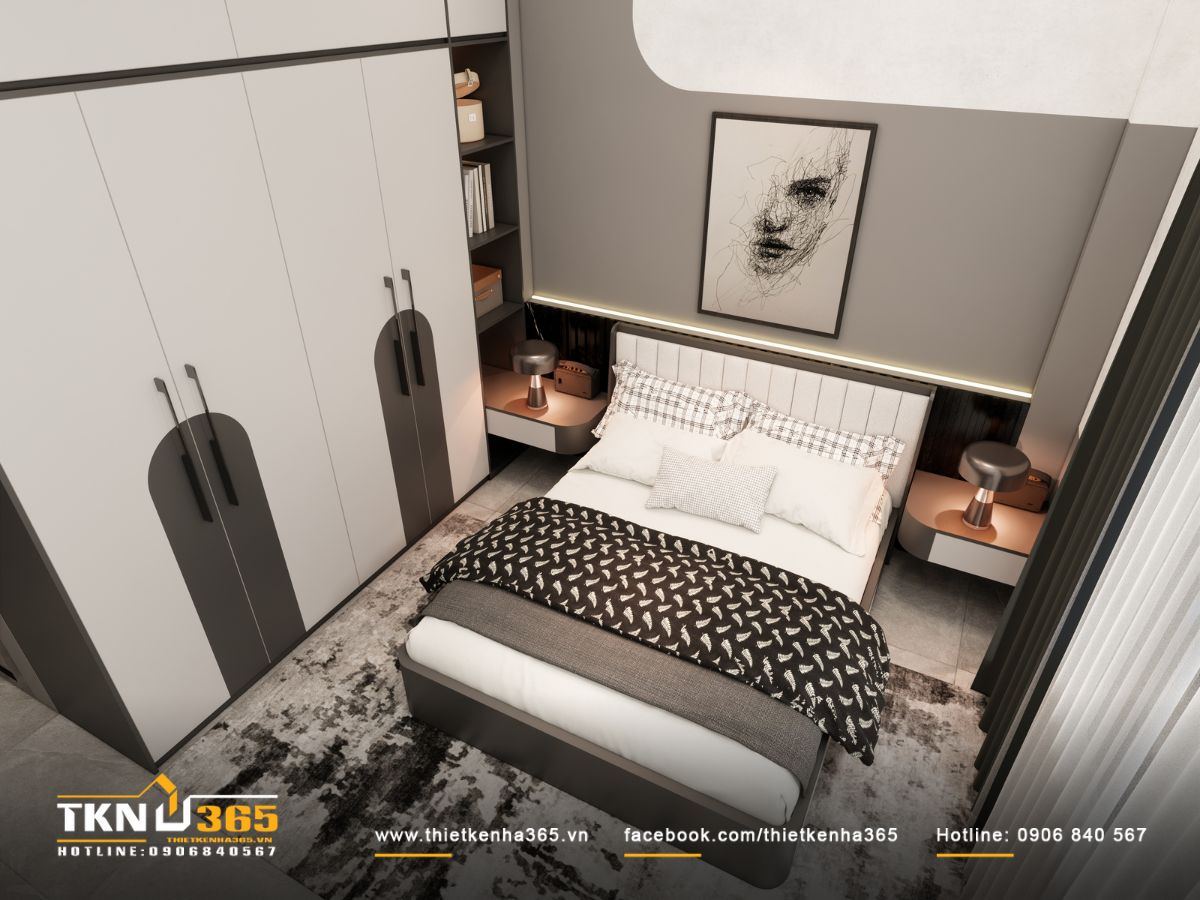 Tủ âm tường cao kịch trần kết hợp các hộc mở giữ phòng ngủ gọn gàng, dễ thao tác và không chiếm diện tích
