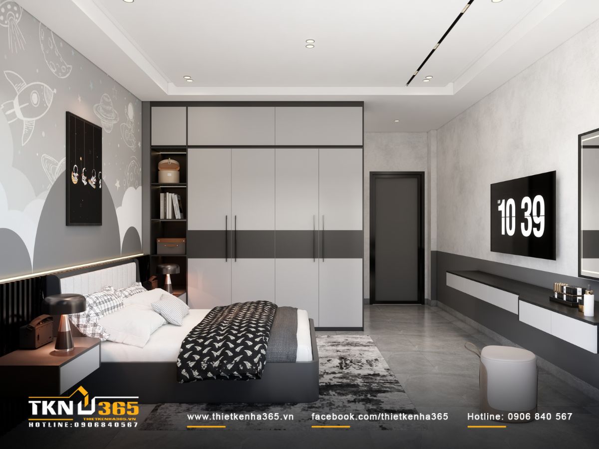 Bố cục phòng ngủ của trẻ vẫn giữ cấu trúc chung gồm tủ cao kịch trần, kệ mở và giường đặt giữa không gian