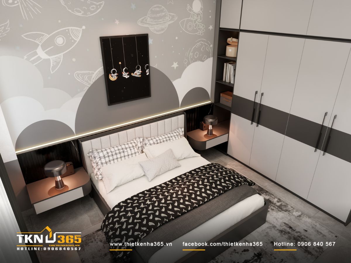 Mảng tường trang trí sử dụng đường cong lớn phối màu xám nhạt, ánh sáng từ đèn LED chạy viền tạo chiều sâu nhẹ nhàng