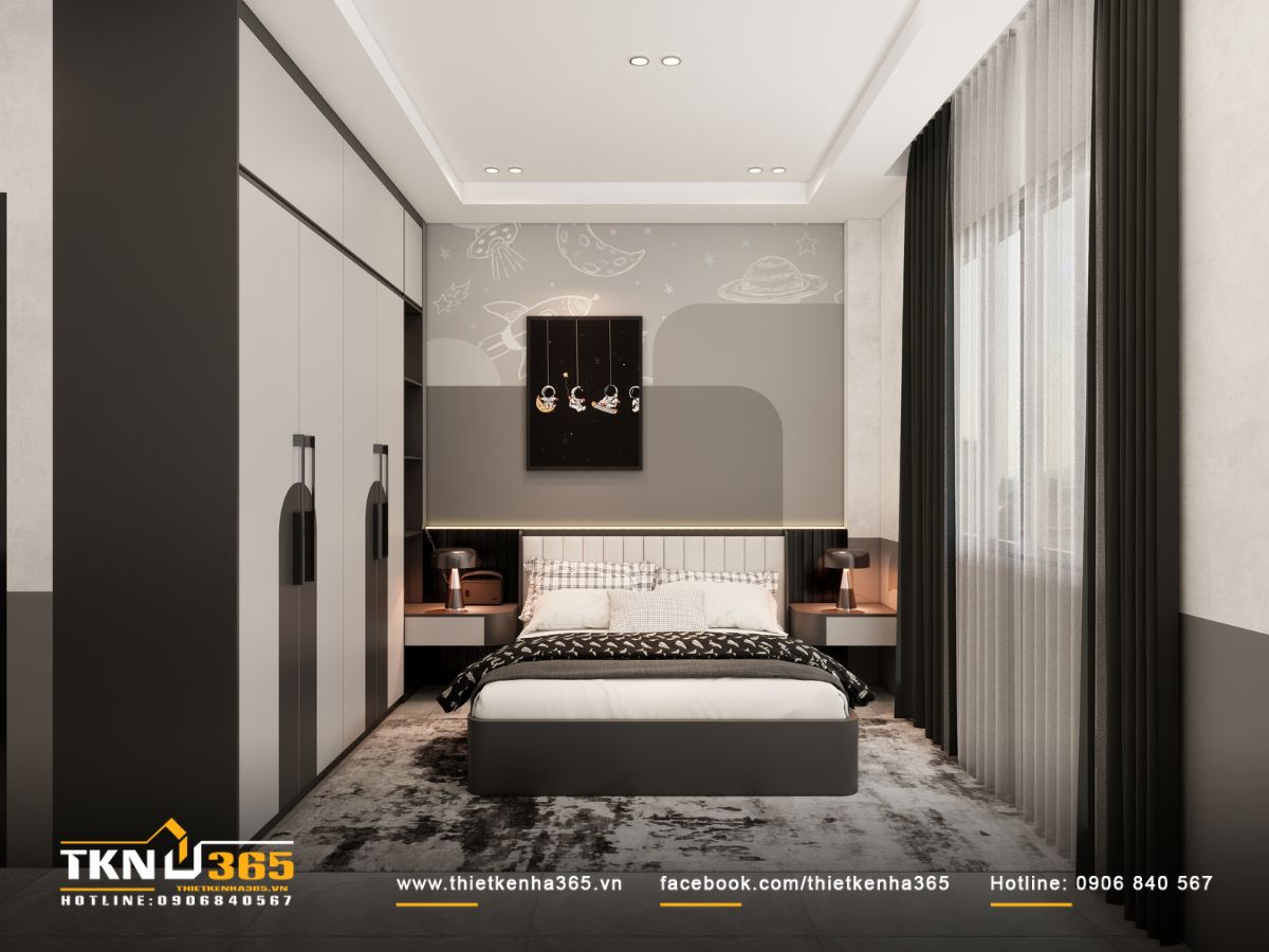 Mỗi phòng ngủ trong nhà phố 3 tầng 1 tum đều cân bằng hài hòa giữa ánh sáng tự nhiên và nhân tạo