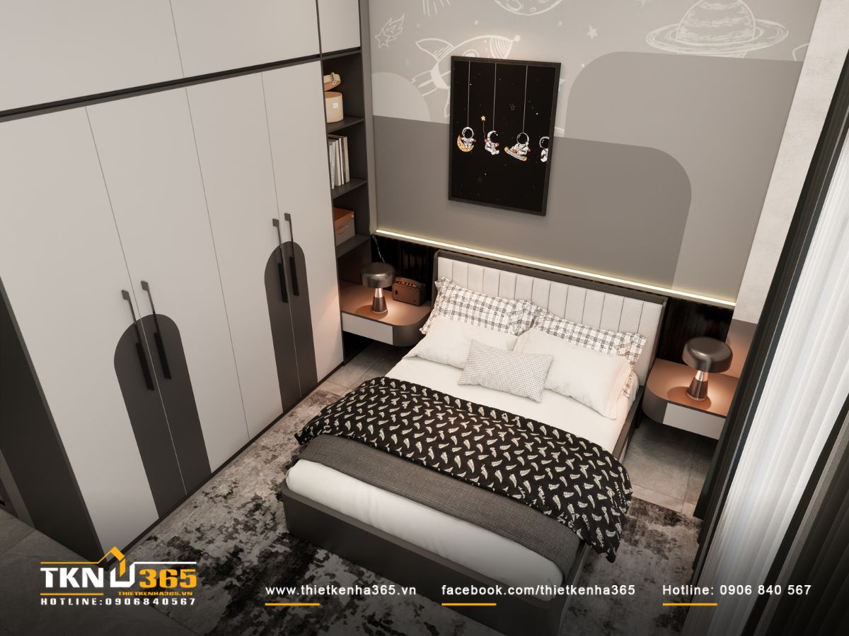 Giường thấp kết hợp đường viền đèn LED chạy ngang đầu giường, tạo lớp ánh sáng êm và an toàn cho trẻ khi di chuyển vào ban đêm