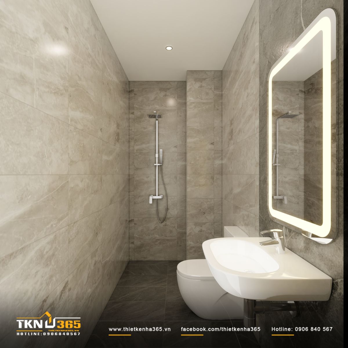 Lavabo treo tường kết hợp gương đèn LED đường viền mềm mại, giữ khu vực rửa mặt sáng rõ và tối ưu diện tích