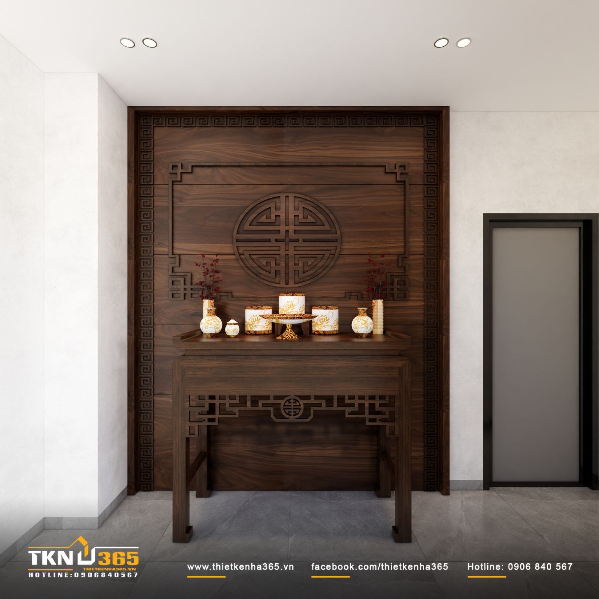 Bàn thờ bằng gỗ họa tiết truyền thống tạo cảm giác trang nghiêm và ấm cúng