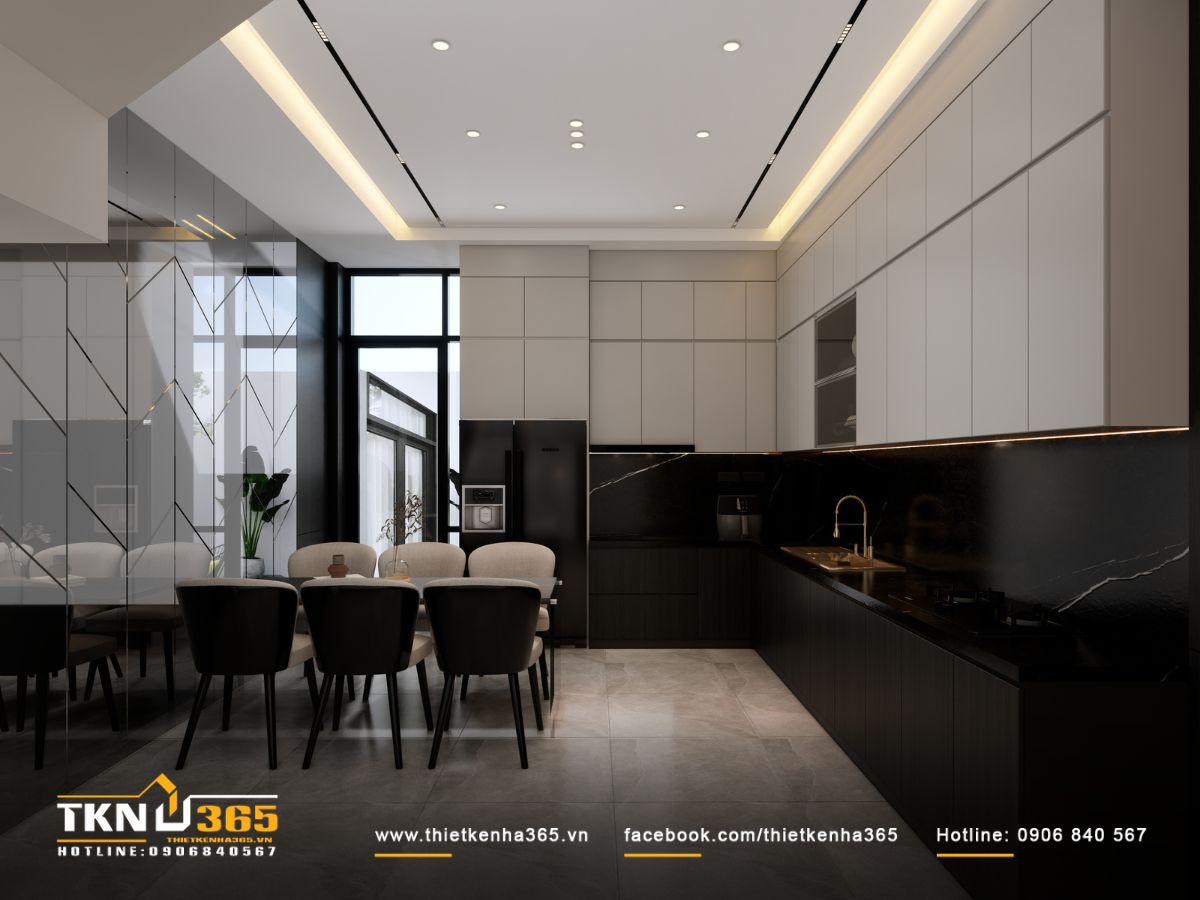 Bố cục bếp - ăn nối tiếp phòng khách trên cùng một mặt bằng, ánh sáng tự nhiên từ trước nhà vẫn lan vào sâu bên trong