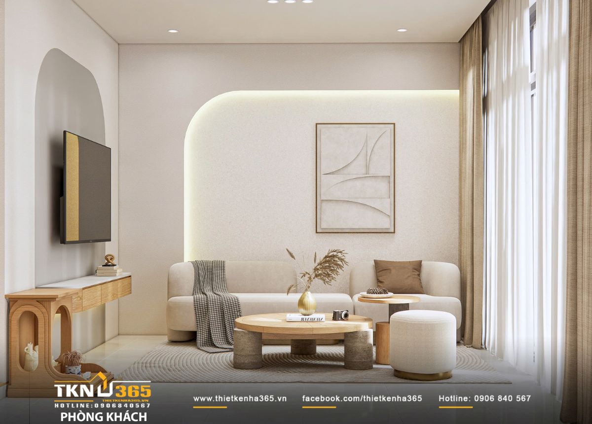 Sofa bo tròn và bàn trà đôi mang lại cảm giác mềm mại, gần gũi