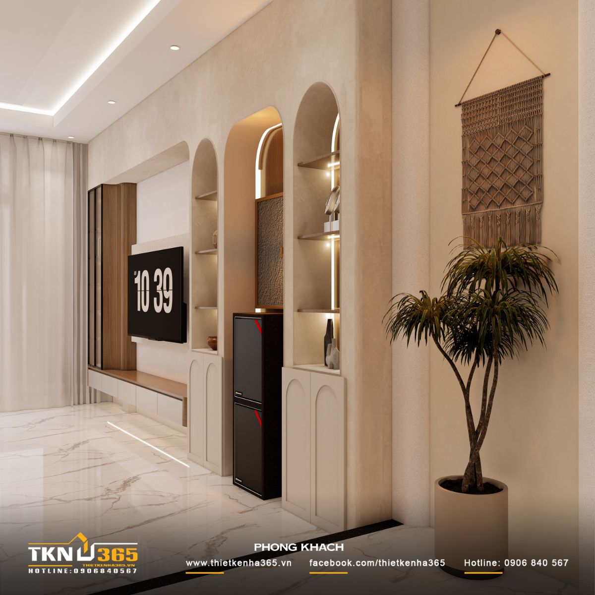 Chi tiết tường vòm và kệ âm, điểm xuyết cây xanh mang đến vẻ đẹp cân bằng hài hòa, kết nối gần gũi với thiên nhiên