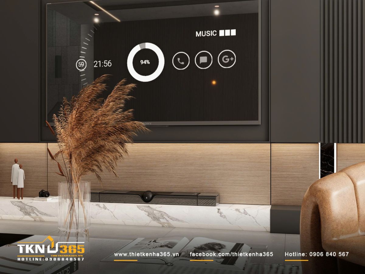 Kệ tivi kết hợp lam dọc và chân tường ốp đá giúp không gian phòng khách thêm chiều sâu và sang trọng