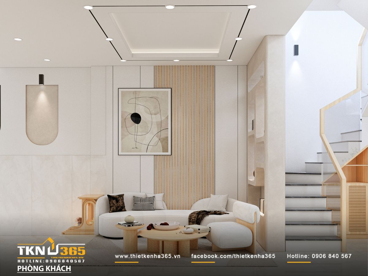 Bộ sofa cong sáng màu kết hợp bàn trà tròn mang lại cảm giác ấm áp và gần gũi