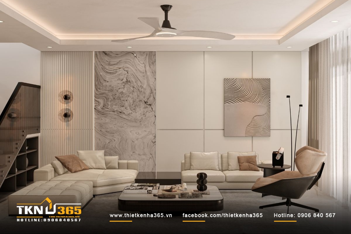 Thiết kế nội thất nhà phố hiện đại với vật liệu đồng bộ và ánh sáng đa lớp