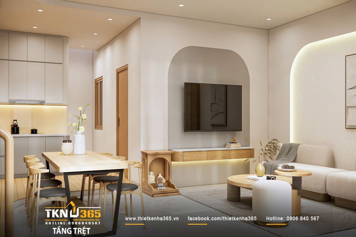 Không gian phòng khách - bếp - ăn liên thông, tông màu be giữ sự hài hòa xuyên suốt