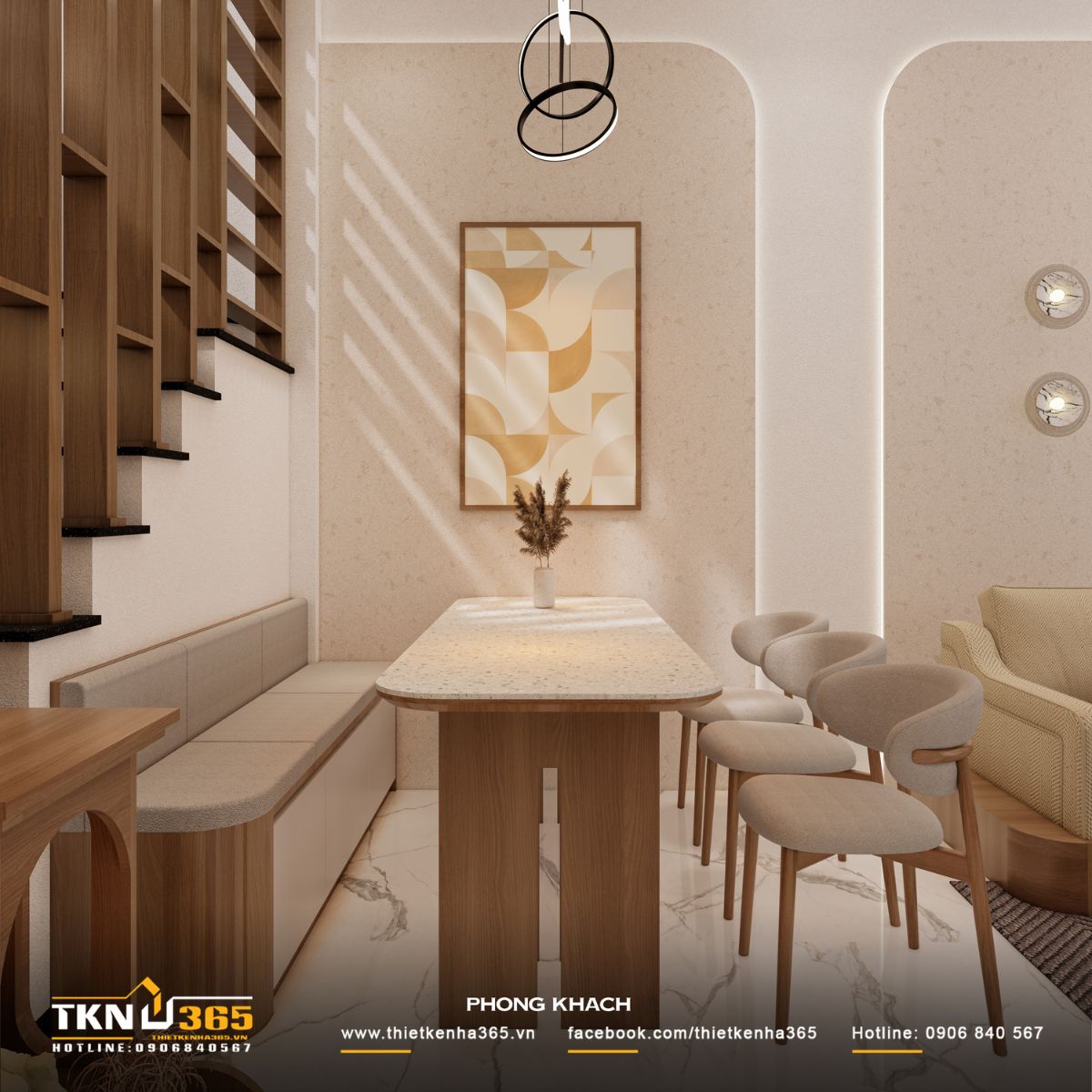 Bàn ăn cạnh cầu thang kết hợp băng ghế âm tường giúp tối ưu diện tích và kết nối không gian sinh hoạt