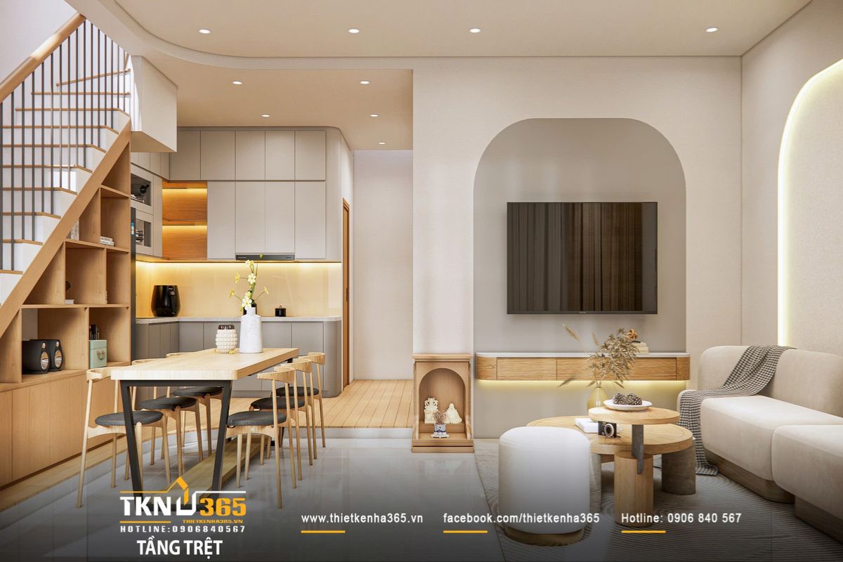 Tầng trệt bố trí mạch lạc, ánh sáng phân lớp giúp không gian rộng và thoáng hơn