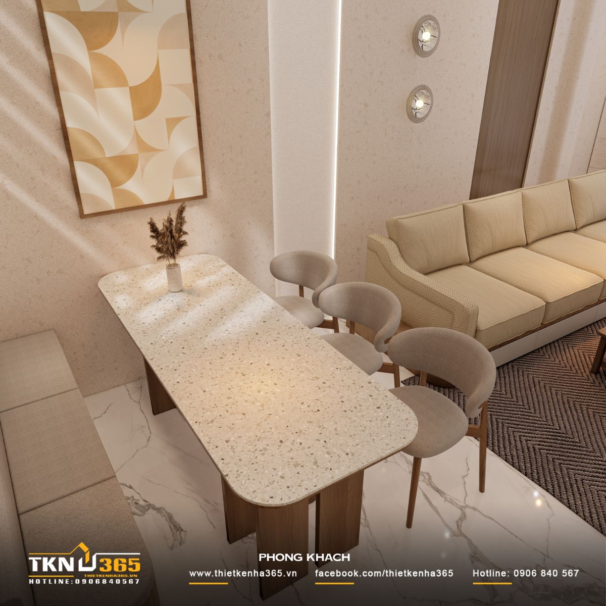 Góc nhìn từ trên cao cho thấy bố cục bàn ăn gọn gàng, vật liệu ấm áp tạo cảm giác gần gũi