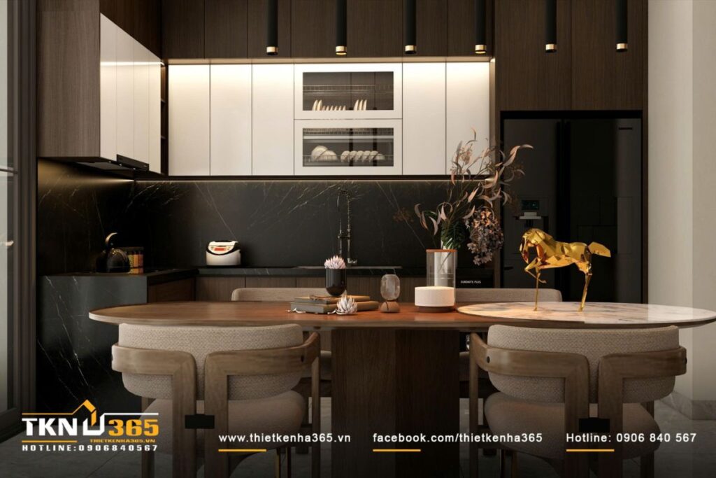 Khu bếp - ăn liền mạch với phòng khách nhưng vẫn rõ ràng về chức năng nhờ sự thay đổi vật liệu