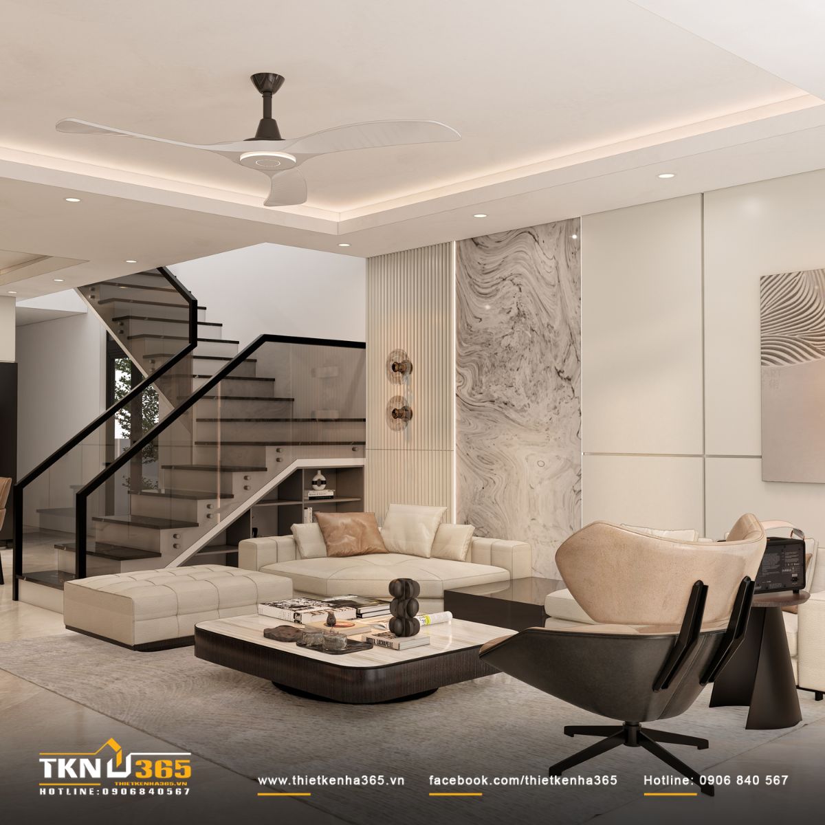 Gầm cầu thang tận dụng làm hệ tủ lưu trữ, giúp không gian gọn gàng mà vẫn đảm bảo tính thẩm mỹ