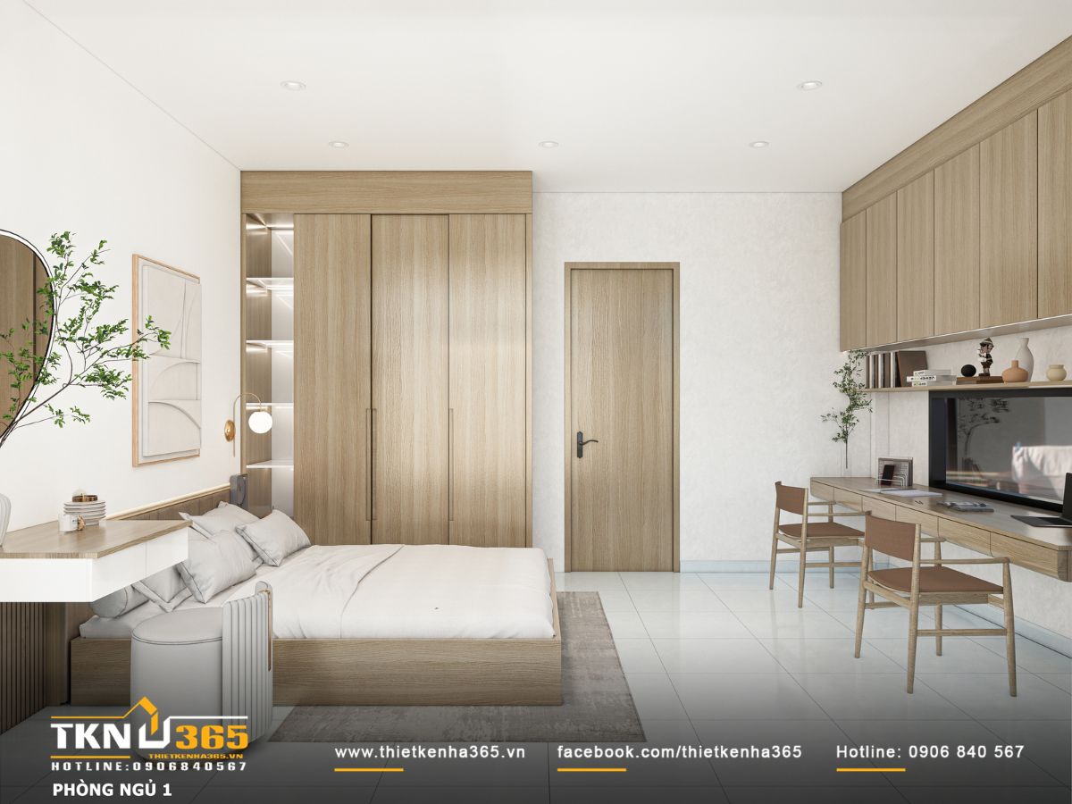 Bố cục phòng ngủ liền mạch với hệ tủ lưu trữ rộng và ánh sáng tự nhiên dịu nhẹ