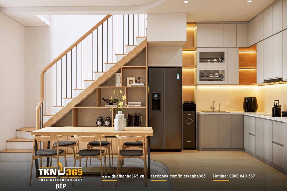 Bếp chữ L gọn gàng, tối ưu tam giác công năng giữa tủ lạnh - chậu rửa - bếp nấu