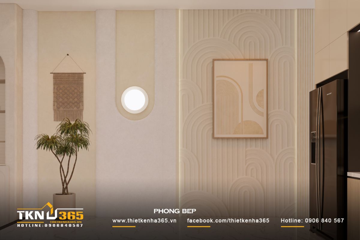 Mảng tường trang trí hình vòm và họa tiết nổi tạo nhịp điệu mềm mại cho không gian phòng bếp