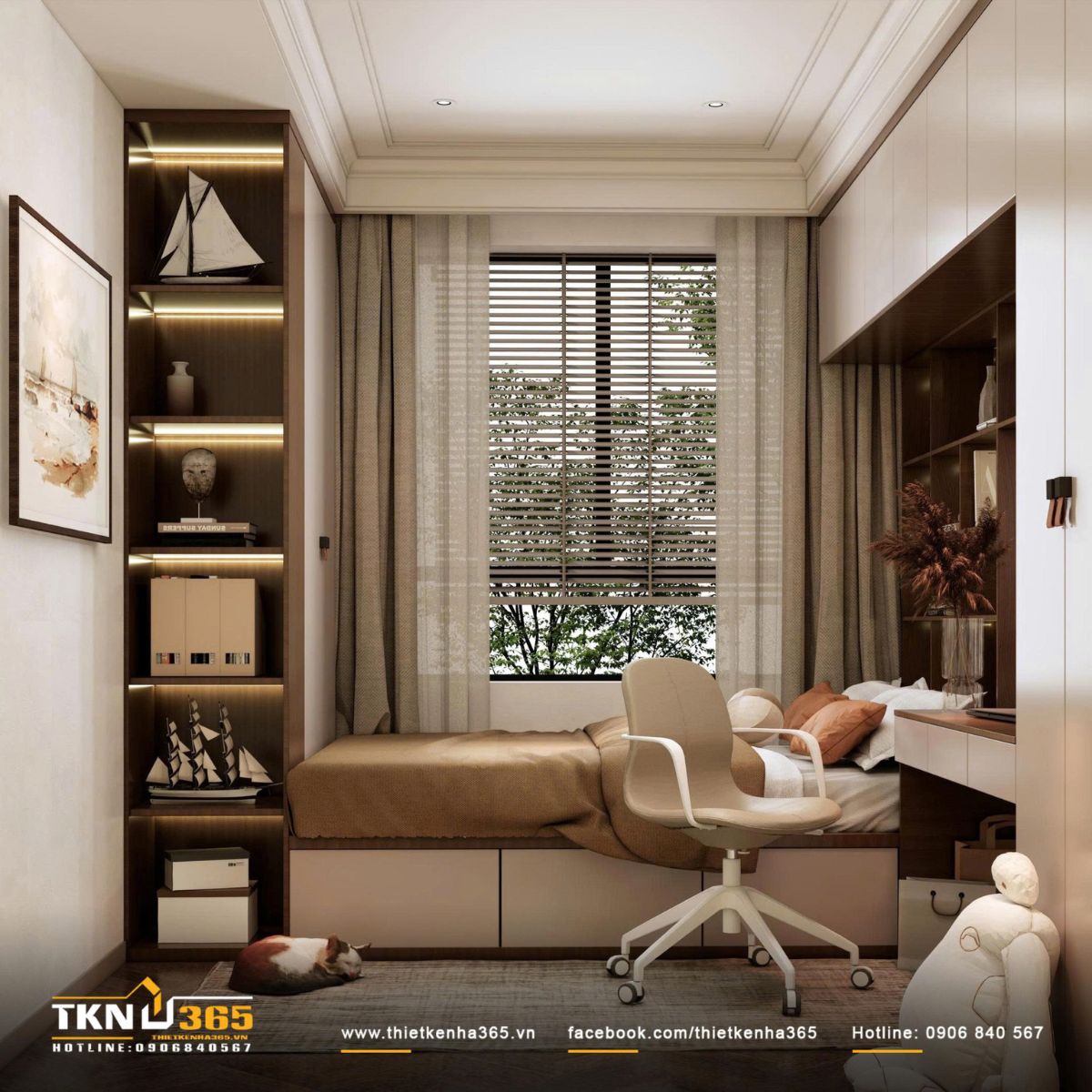 Giường sát cửa sổ kết hợp ngăn kéo lớn và bàn làm việc nhỏ gọn, tối ưu diện tích cho phòng ngủ riêng tư