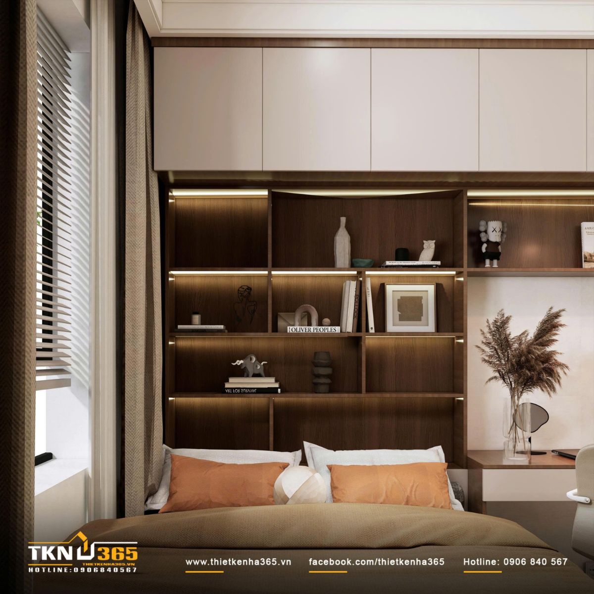 Hệ kệ gỗ cao chạm trần trở thành “thư viện mini”, đảm bảo không gian lưu trữ đồng thời tạo điểm nhấn ấn tượng