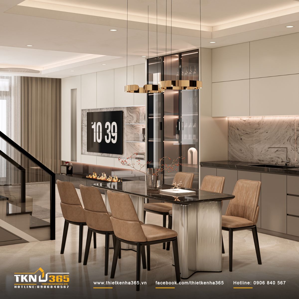 Trục liên kết phòng khách - bàn ăn - bếp được tổ chức dọc, giữ lưu thông mạch lạc và tăng chiều sâu thị giác cho nhà phố