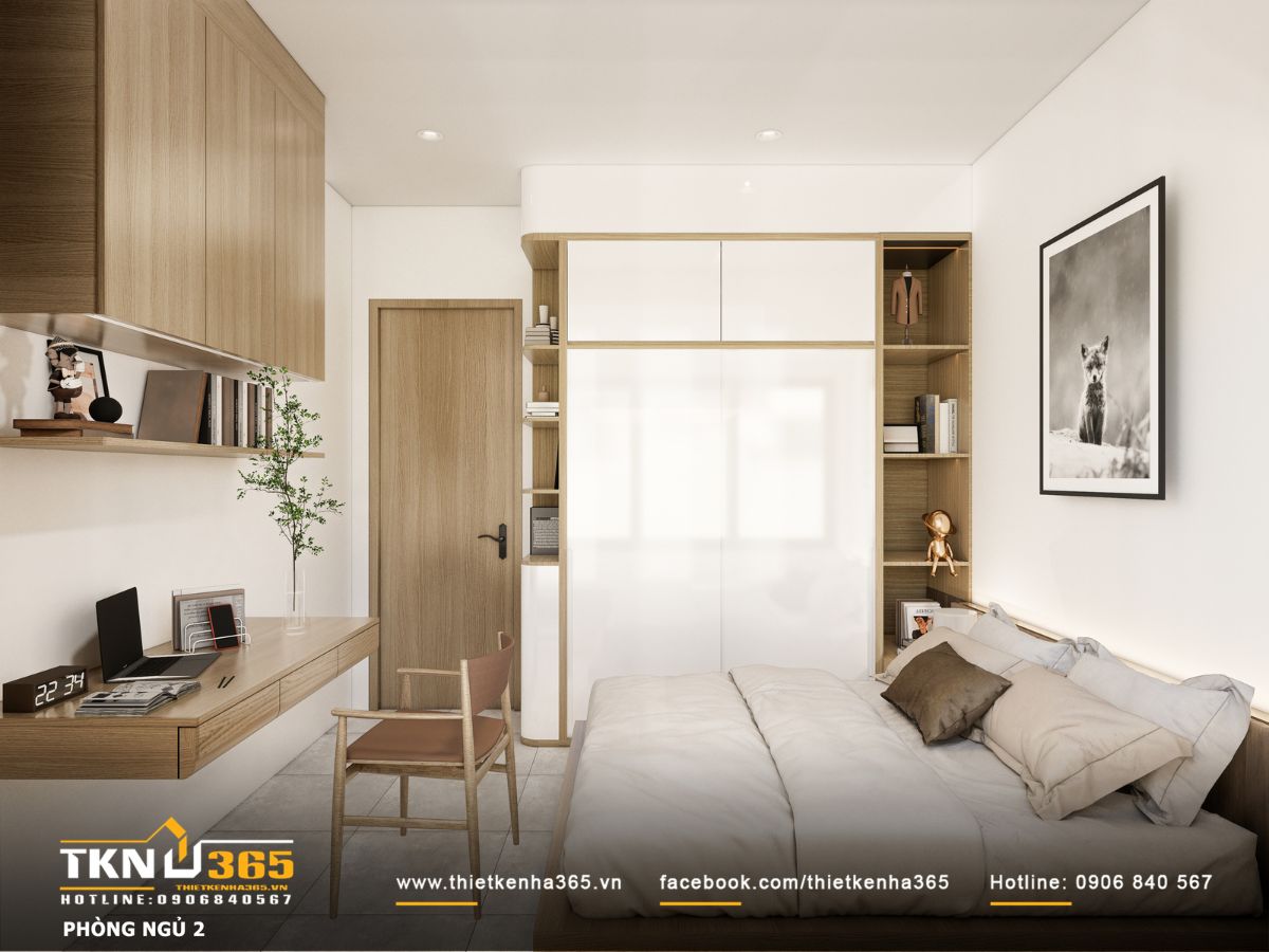 Phòng ngủ của bé được bố trí bàn học gọn gàng và tủ áo bo cong an toàn