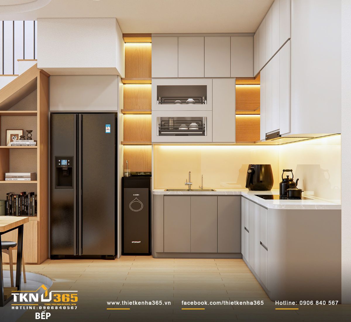 Hệ tủ bếp trên tích hợp kệ úp chén nâng hạ tiện lợi và ánh sáng đèn LED giấu tinh tế