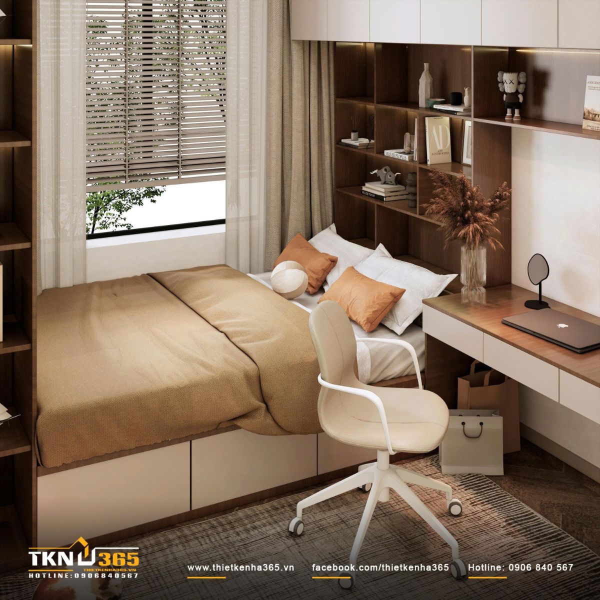 Các ô kệ đầu giường sắp xếp sách và vật trang trí gọn gàng, giúp không gian ngăn nắp nhưng vẫn giàu cá tính