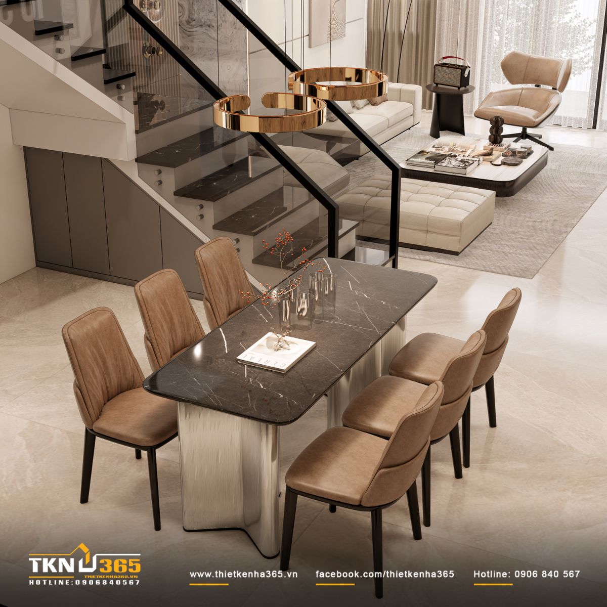 Bàn ăn mặt đá đen vân mảnh kết hợp ghế bọc da nâu nhạt, tạo điểm cân bằng giữa sang trọng và sự ấm áp