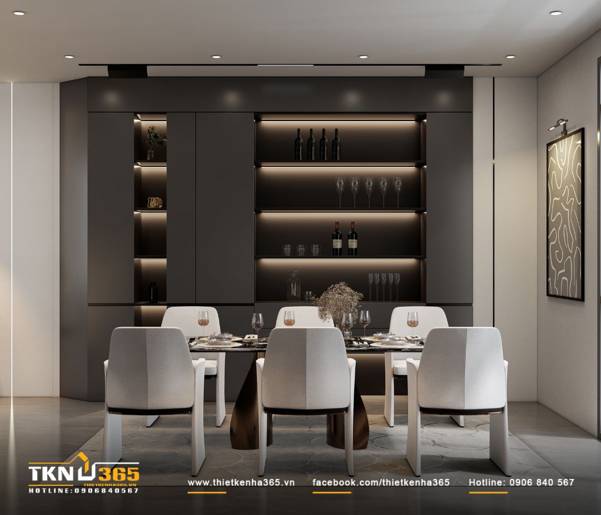 Tủ rượu âm tường tích hợp đèn LED hắt nhẹ, biến ly và chai rượu thành điểm nhấn decor đầy chiều sâu