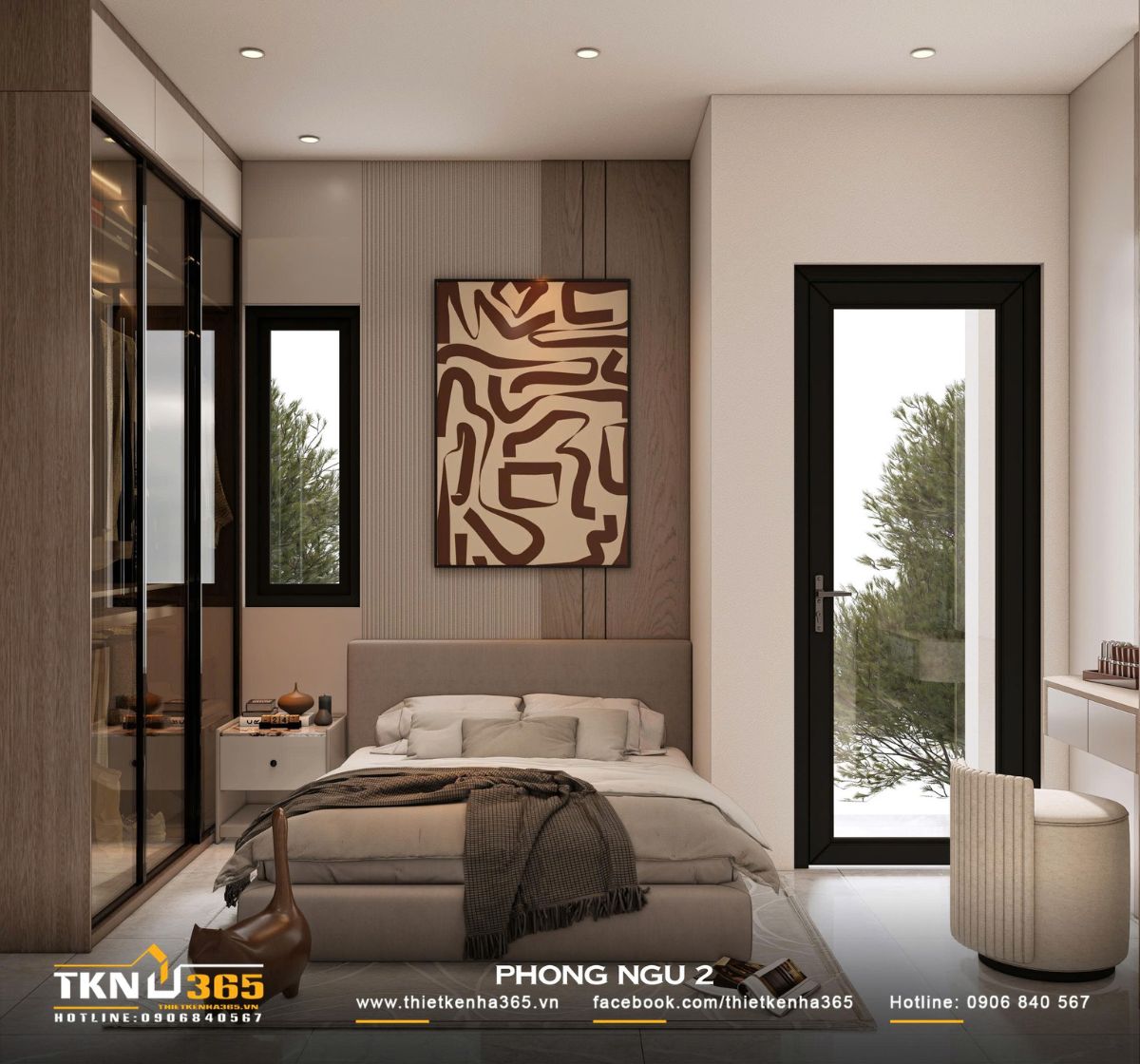 Bố trí giường ngủ ở vị trí đón sáng tự nhiên, mang đến không gian nghỉ ngơi dễ chịu