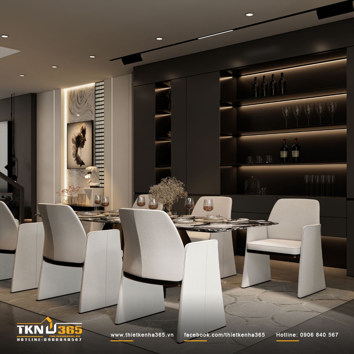 Bàn ăn mặt đá marble cùng ghế nệm trắng, mang lại cảm giác tinh tế và hiện đại