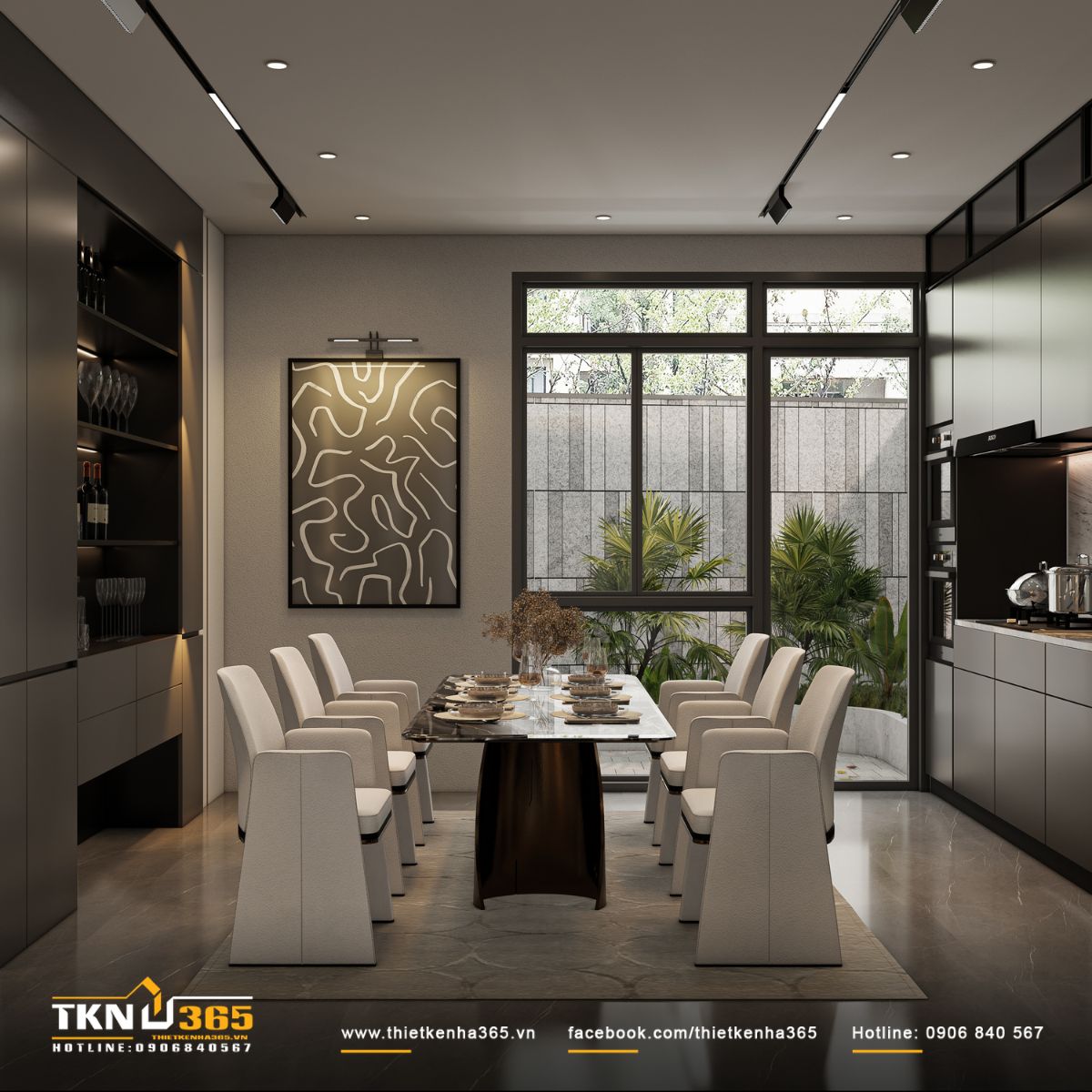 Mảng tường trang trí đối diện bàn ăn kết hợp tranh nghệ thuật và ánh sáng viền mềm mại